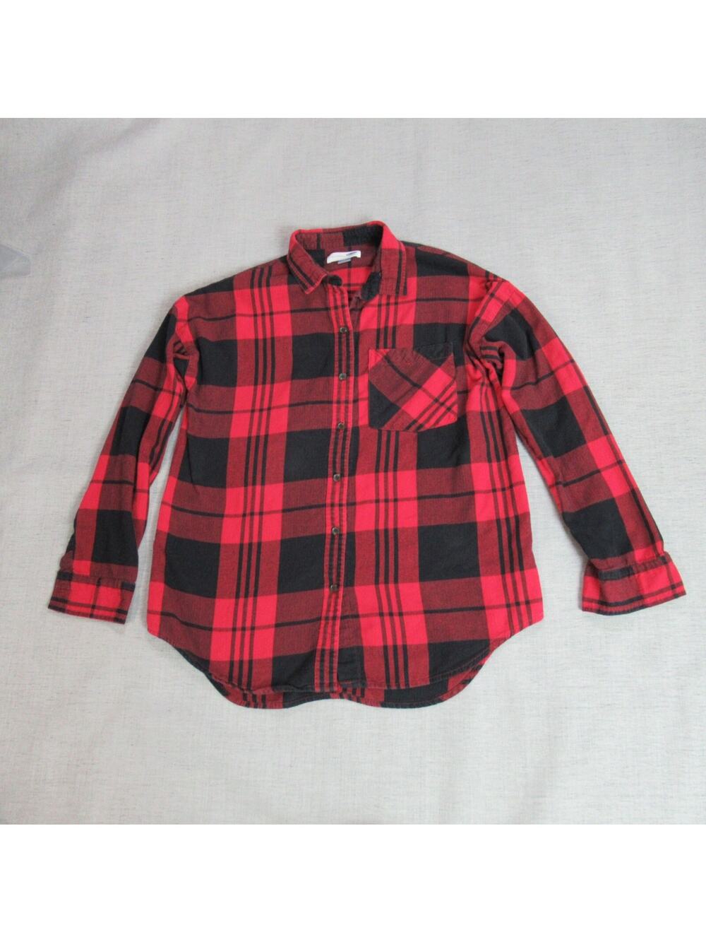Old Navy Top Womens M Red Plaid Boyfriend Shirt Flannel Button Cozy Cabincore